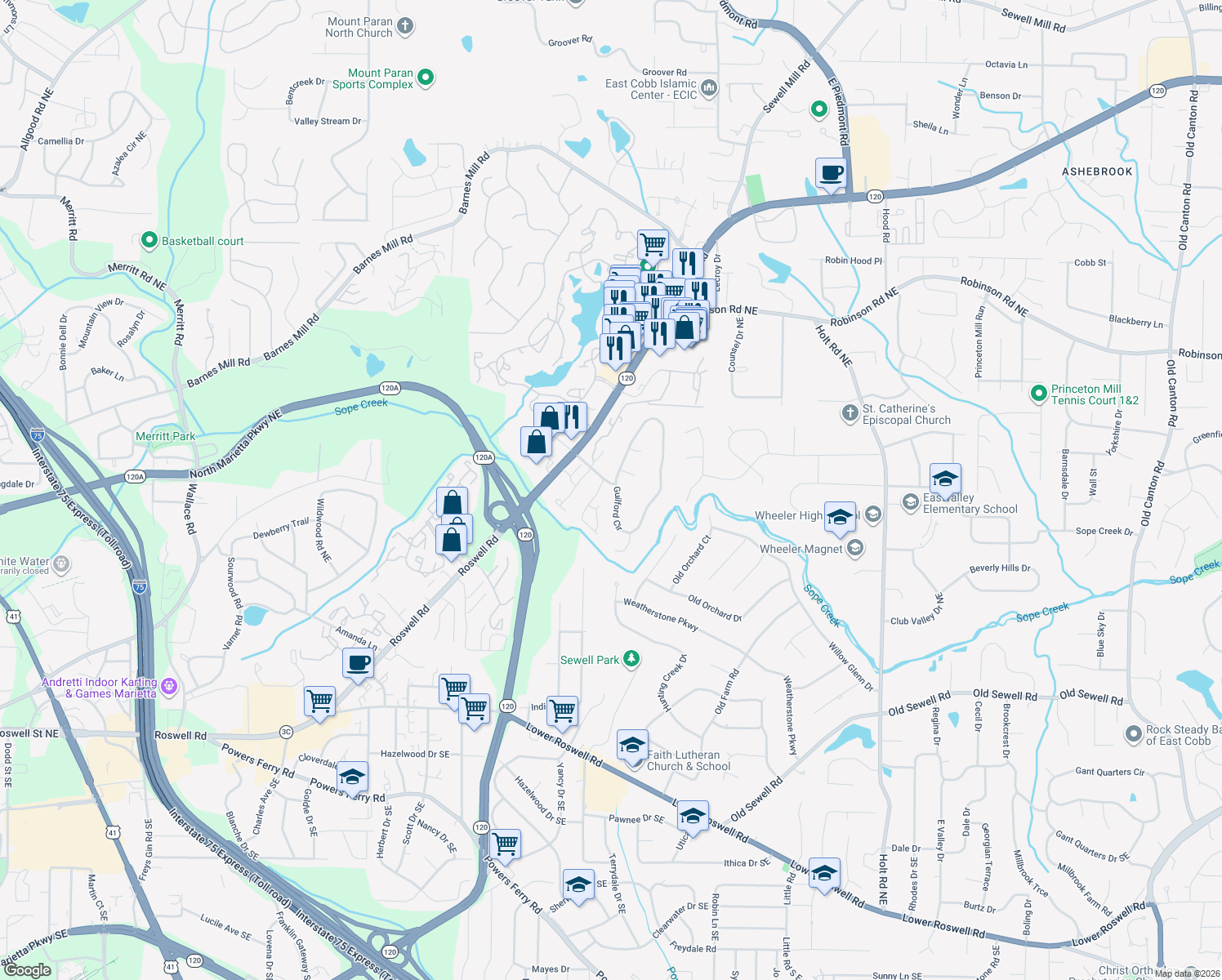 map of restaurants, bars, coffee shops, grocery stores, and more near 451 Guilford Cir in Marietta