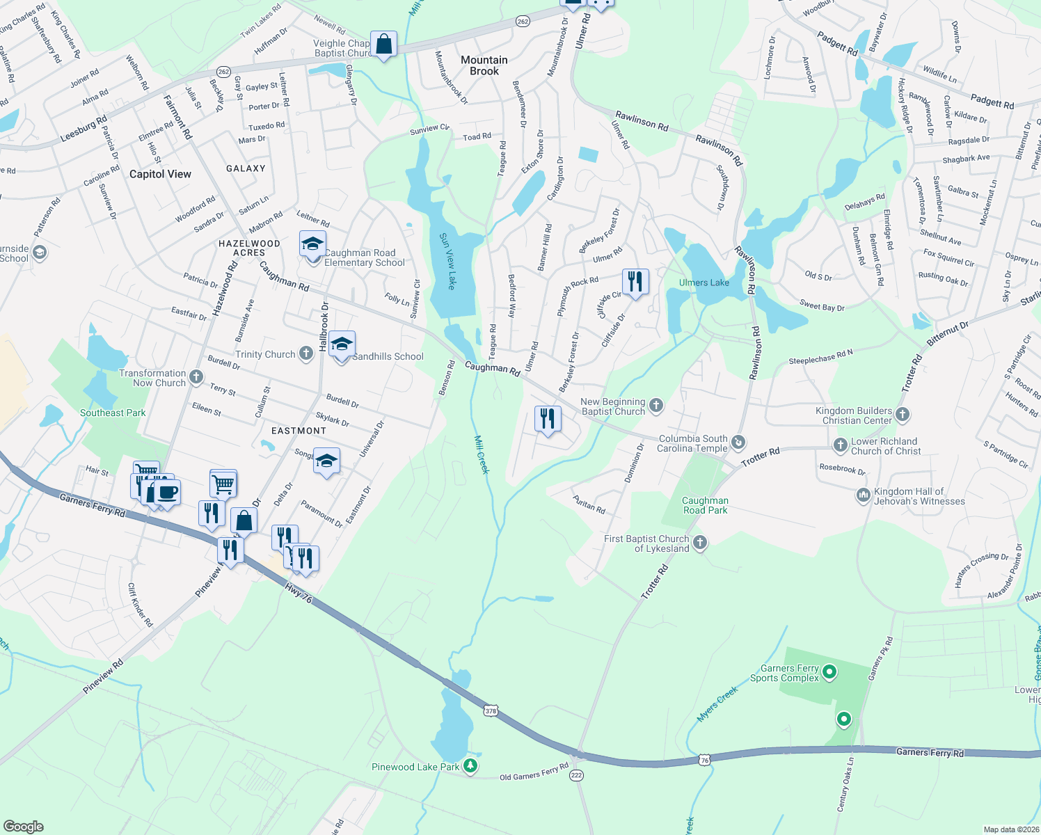 map of restaurants, bars, coffee shops, grocery stores, and more near 416 Guard Tower Ln in Columbia
