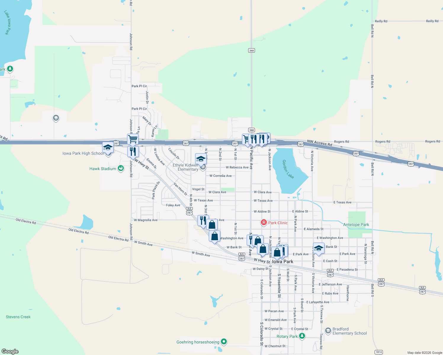 map of restaurants, bars, coffee shops, grocery stores, and more near 1109 North 2nd Street in Iowa Park