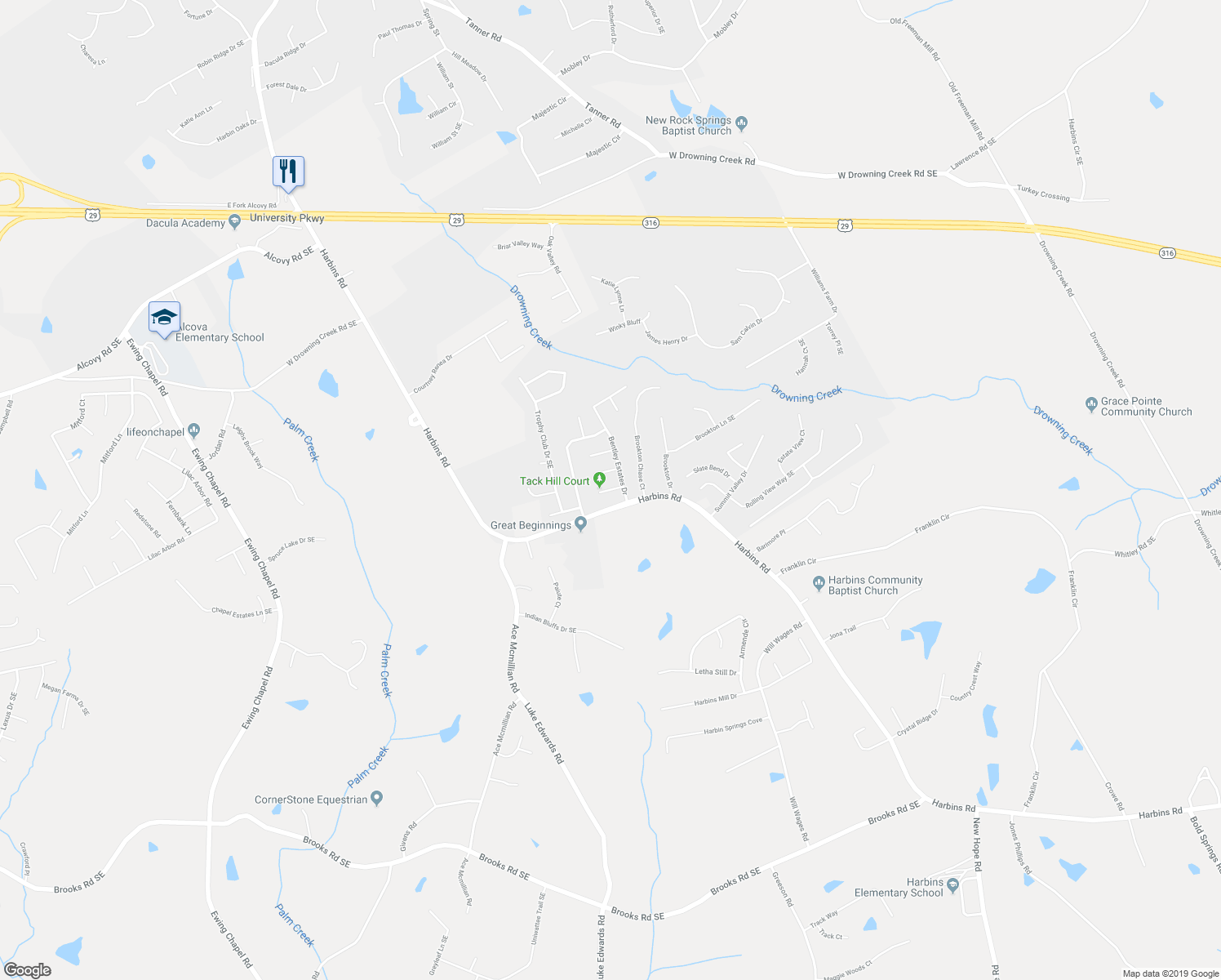 map of restaurants, bars, coffee shops, grocery stores, and more near 2490 Tack Hill Court in Dacula