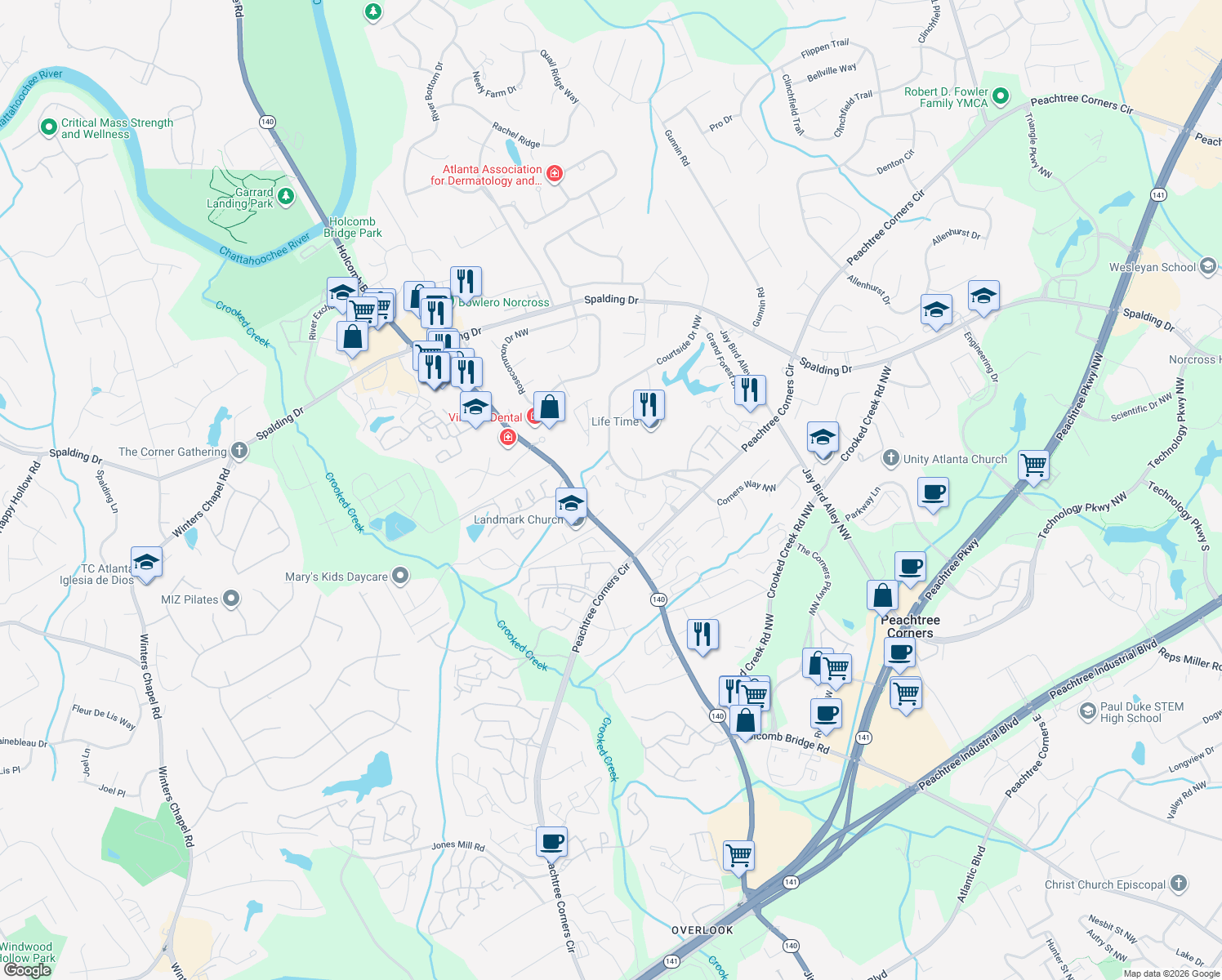 map of restaurants, bars, coffee shops, grocery stores, and more near 3816 Courtside Terrace in Norcross