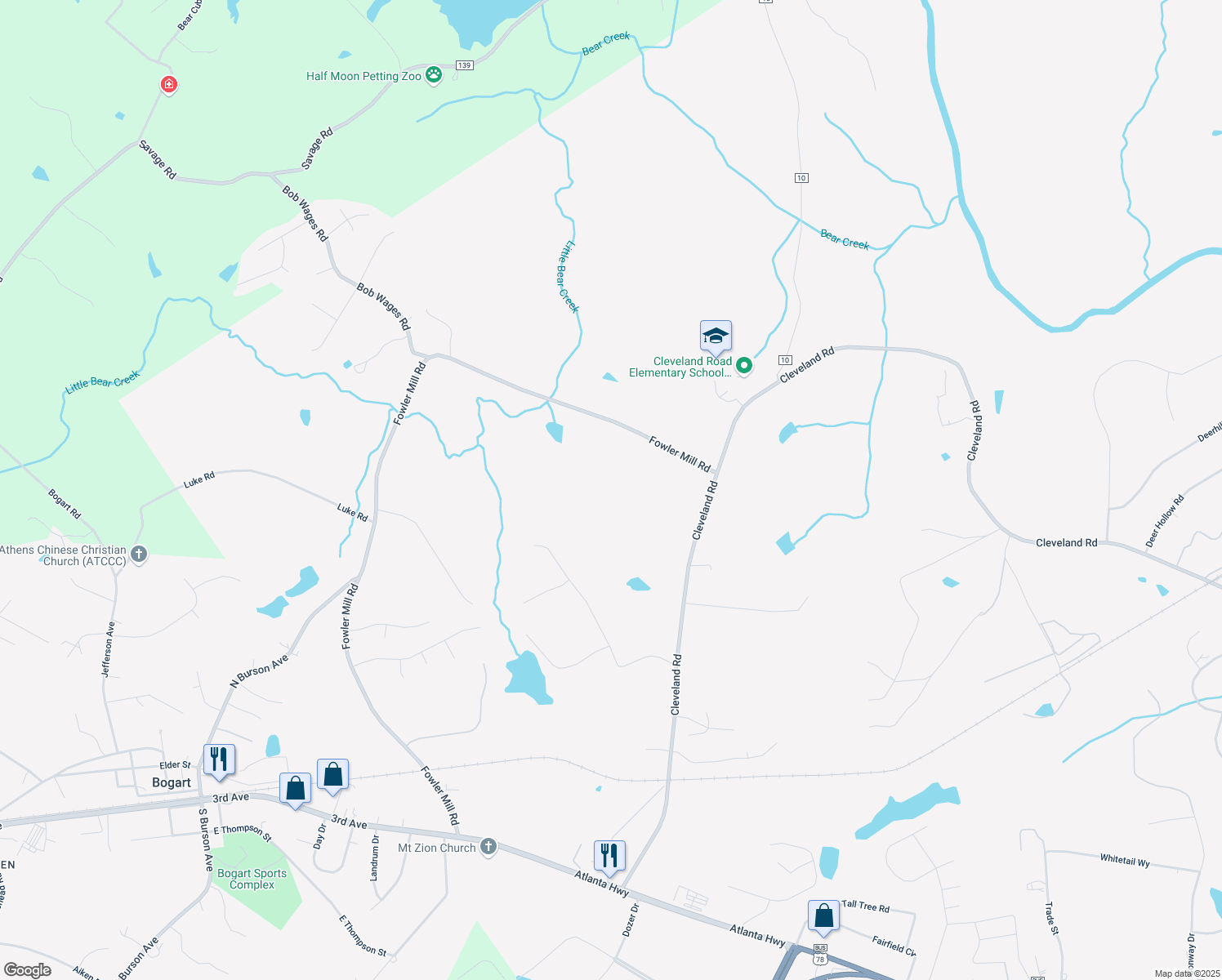 map of restaurants, bars, coffee shops, grocery stores, and more near 930 Fowler Mill Rd in Bogart