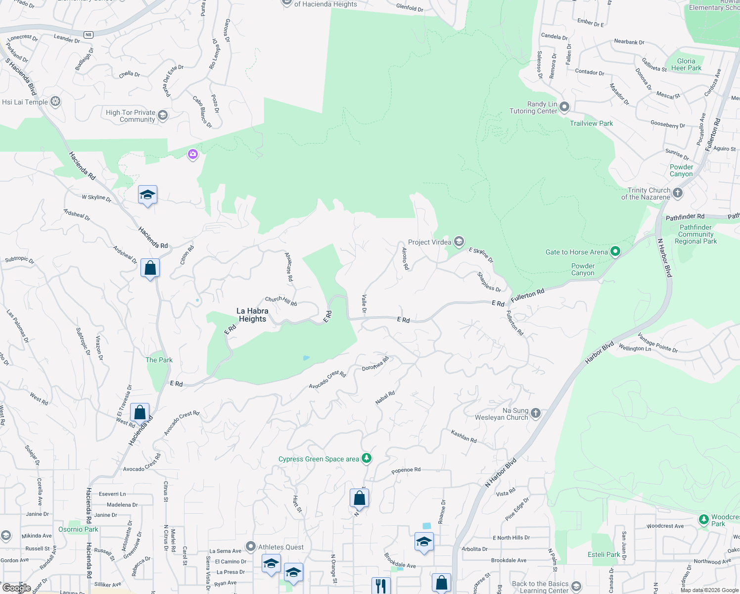 map of restaurants, bars, coffee shops, grocery stores, and more near 2240 Valle Drive in La Habra Heights