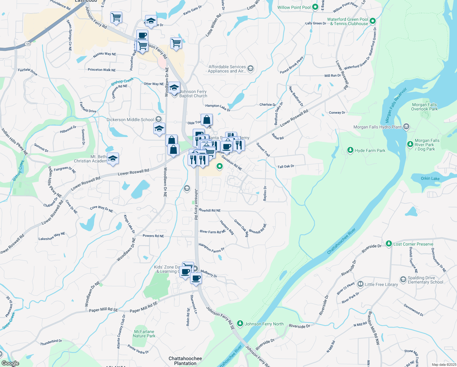 map of restaurants, bars, coffee shops, grocery stores, and more near 663 Serramonte Drive in Marietta