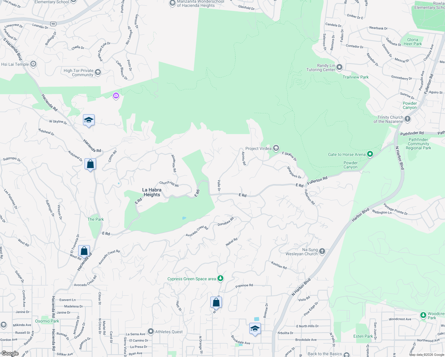 map of restaurants, bars, coffee shops, grocery stores, and more near 2240 Valle Drive in La Habra Heights