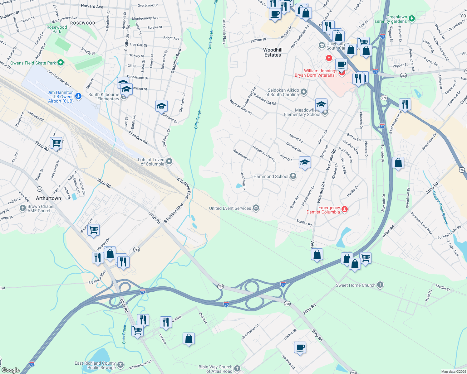 map of restaurants, bars, coffee shops, grocery stores, and more near 512 Chimney Hill Rd in Columbia