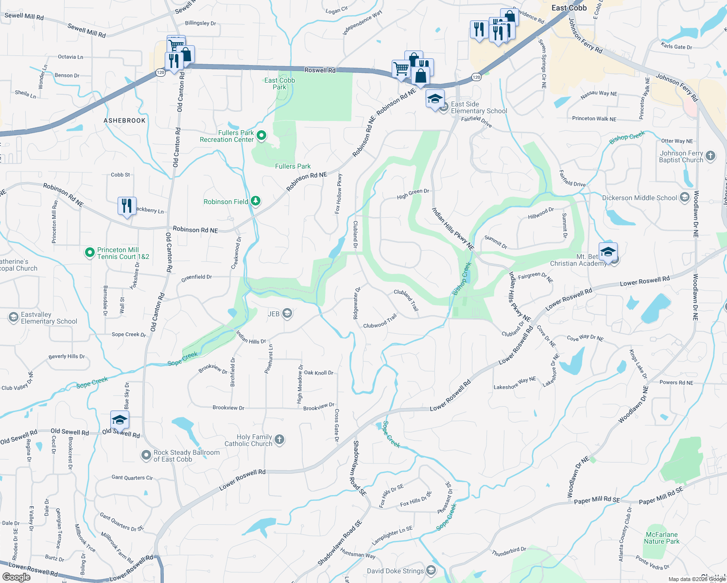 map of restaurants, bars, coffee shops, grocery stores, and more near 580 Ridgewater Drive in Marietta