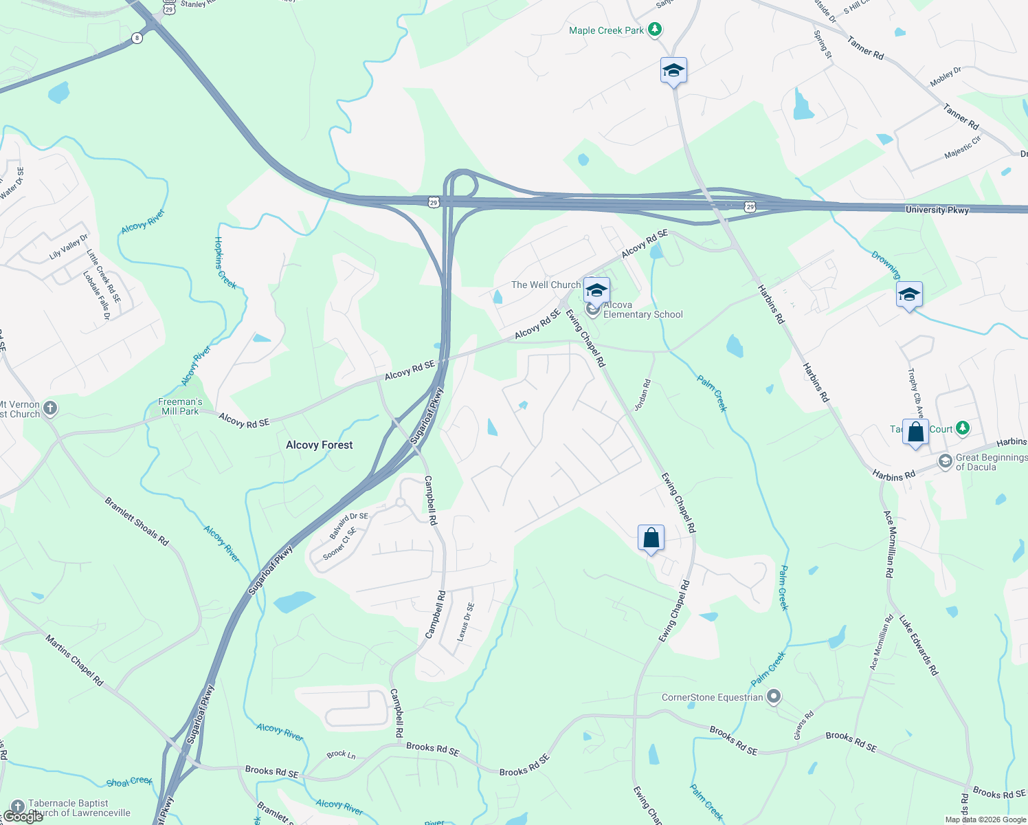 map of restaurants, bars, coffee shops, grocery stores, and more near 2439 Mitford Court in Dacula