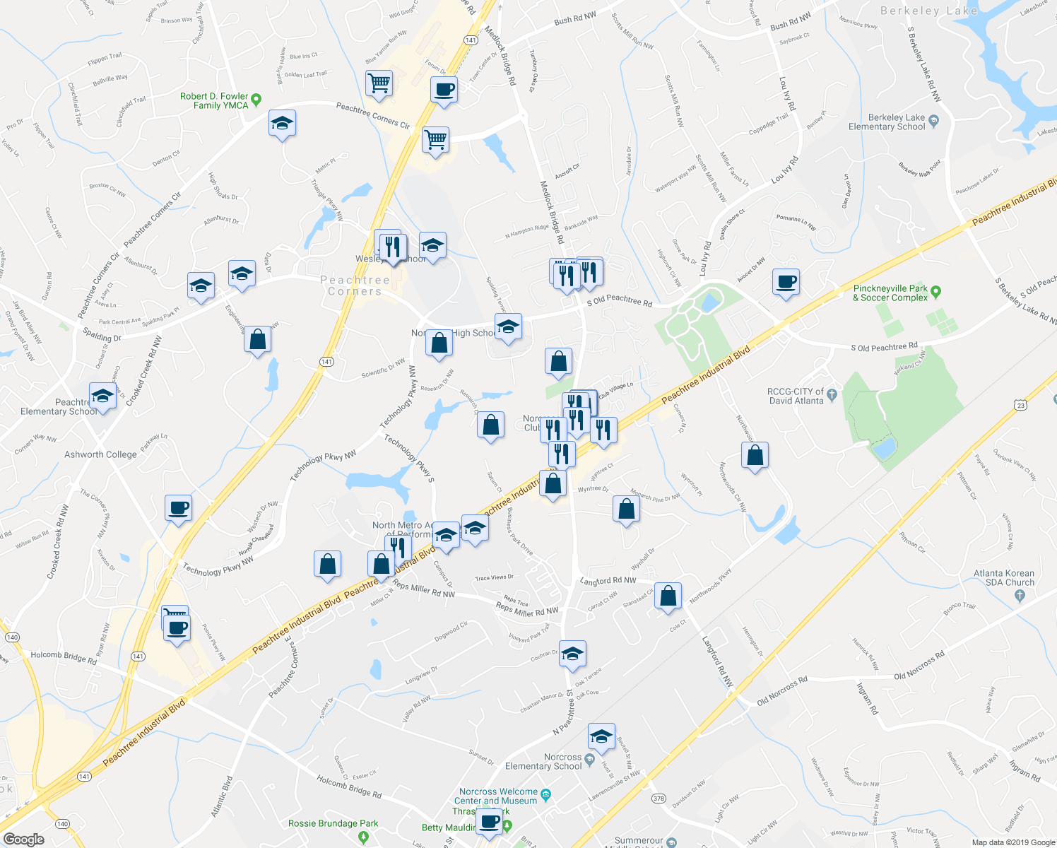 map of restaurants, bars, coffee shops, grocery stores, and more near 5361 Medlock Corners Drive in Norcross