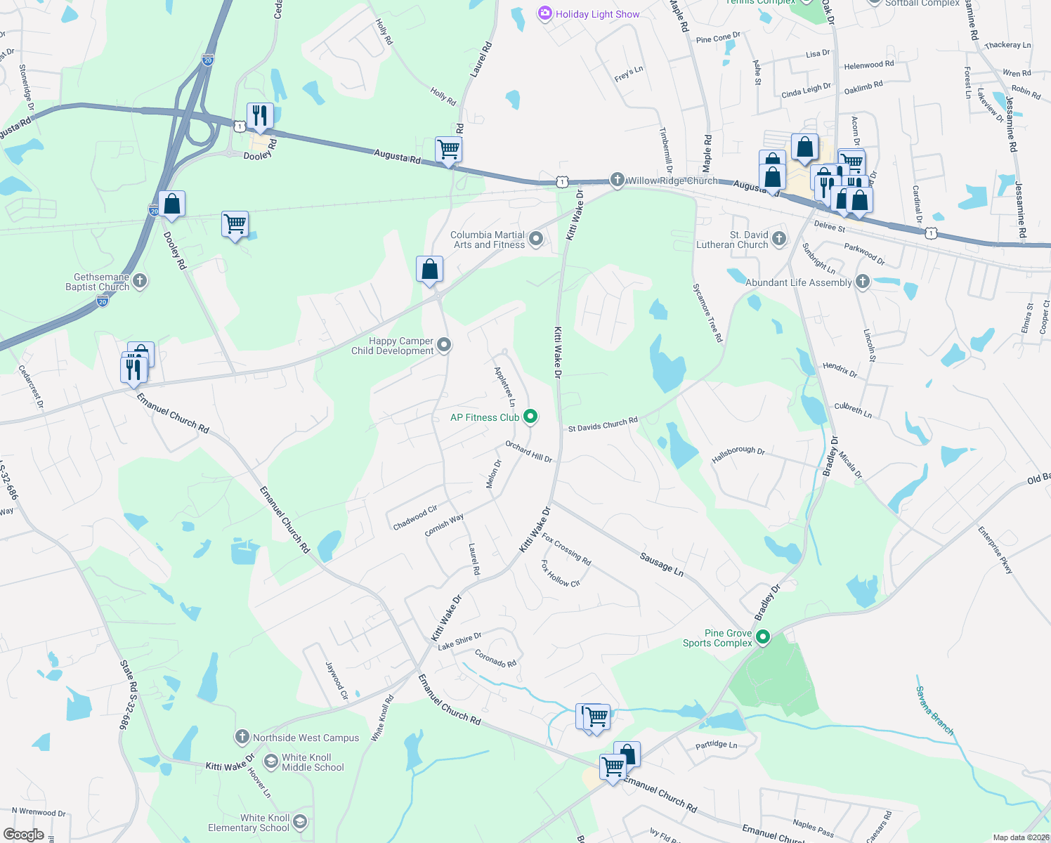 map of restaurants, bars, coffee shops, grocery stores, and more near 131 Cherry Grove Drive in West Columbia