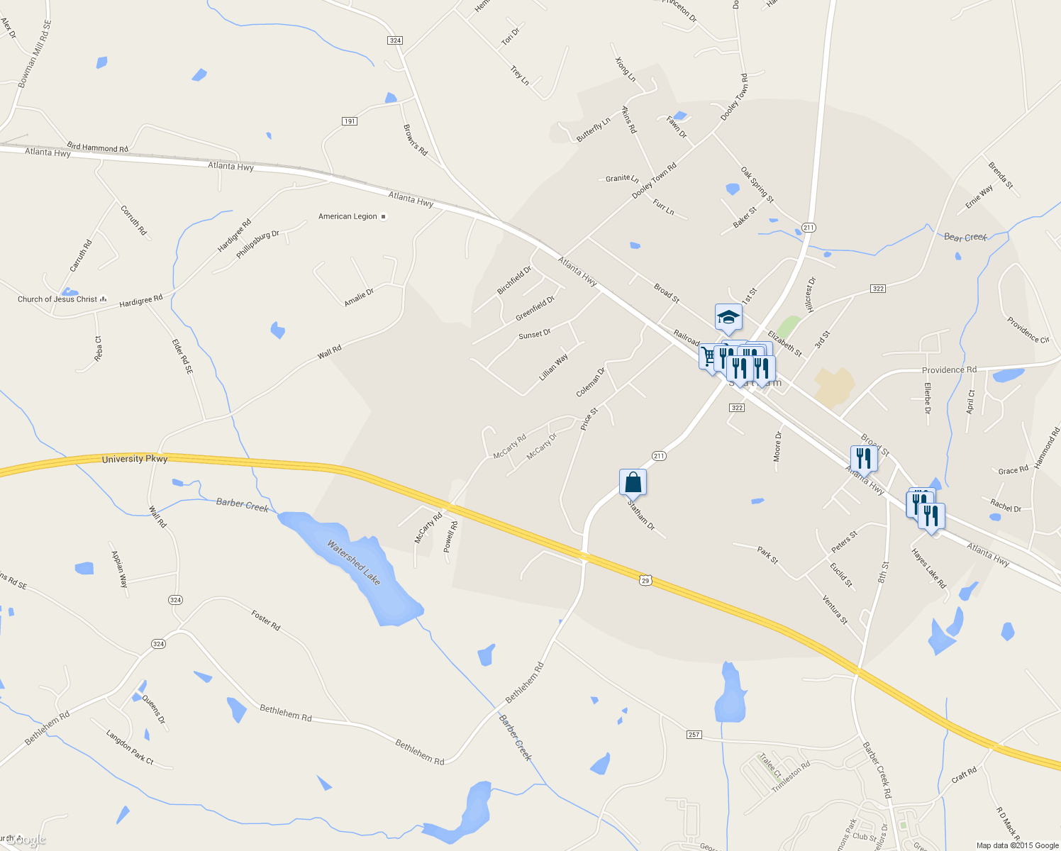 map of restaurants, bars, coffee shops, grocery stores, and more near 467 McCarty Rd in Statham