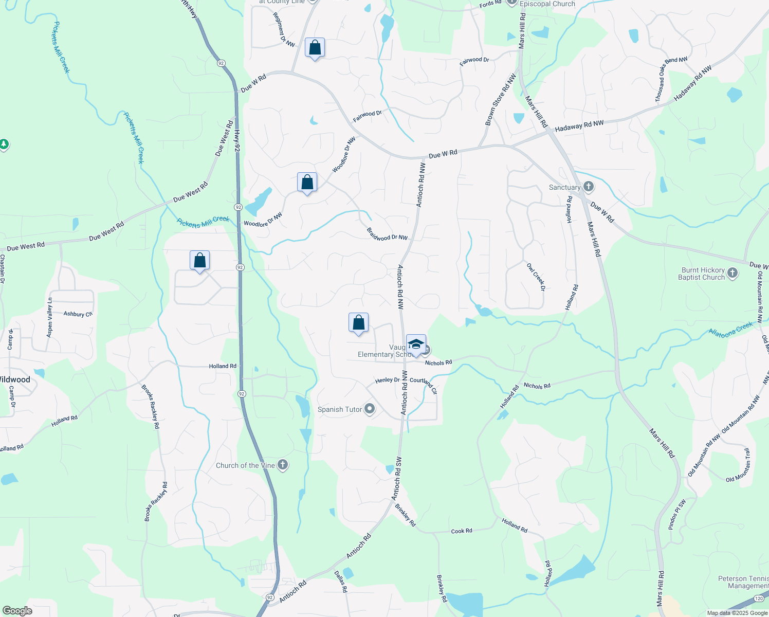 map of restaurants, bars, coffee shops, grocery stores, and more near 324 Calm Court Northwest in Powder Springs