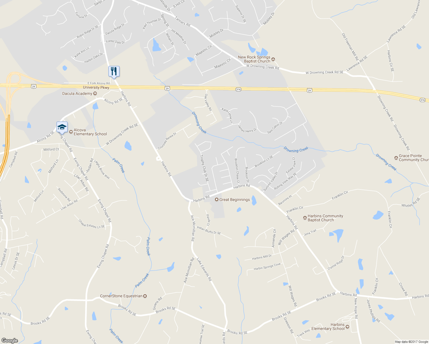 map of restaurants, bars, coffee shops, grocery stores, and more near 1200 Del Mar Club Drive in Dacula