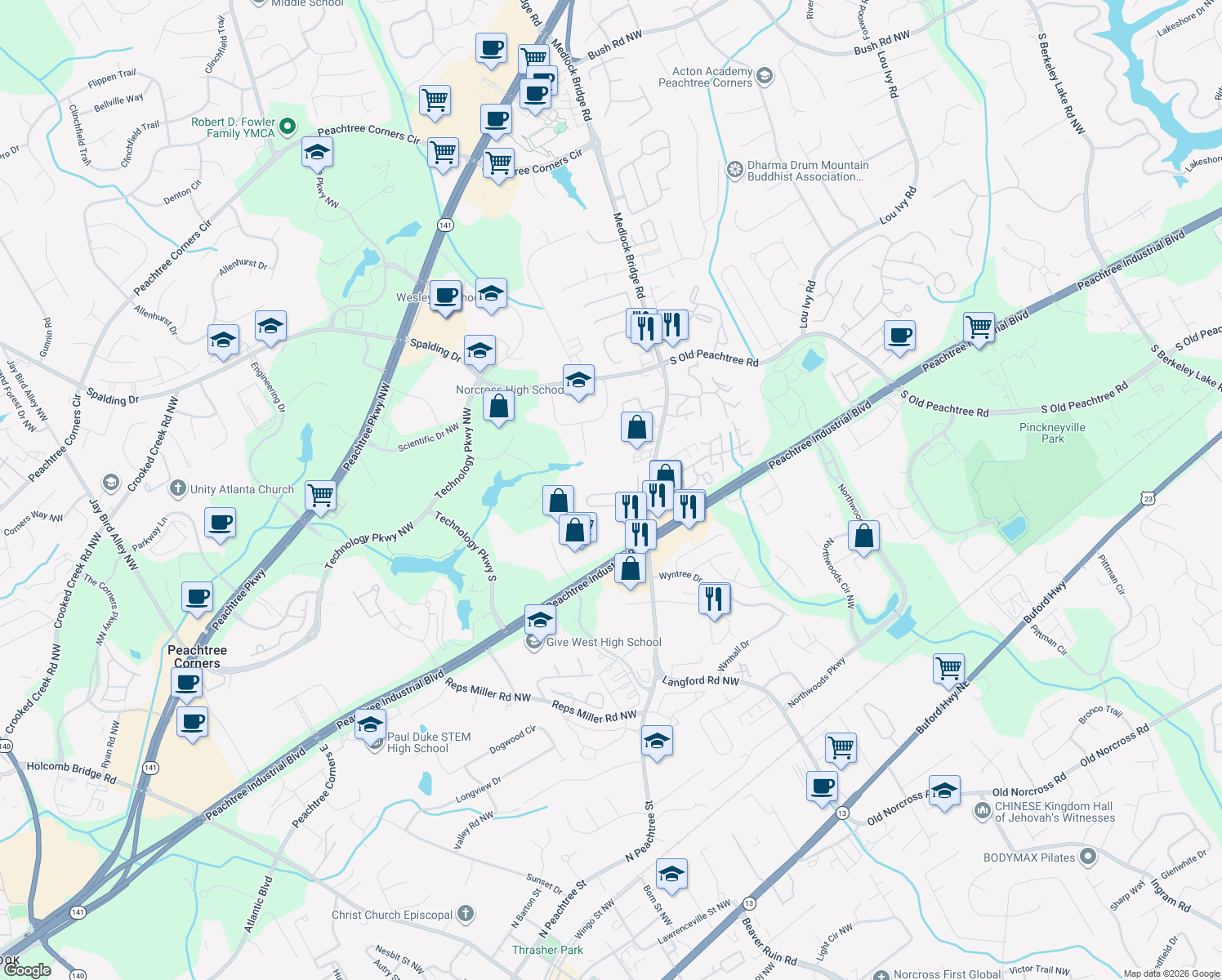 map of restaurants, bars, coffee shops, grocery stores, and more near 5376 Medlock Corners Dr in Norcross