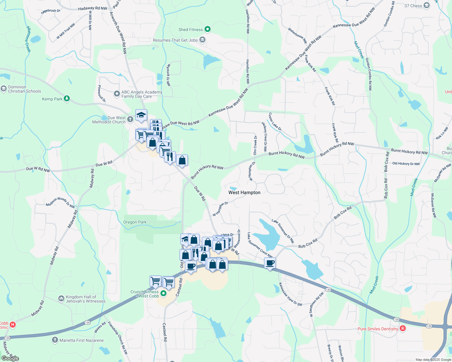 map of restaurants, bars, coffee shops, grocery stores, and more near 436 Westlake Drive Northwest in Marietta