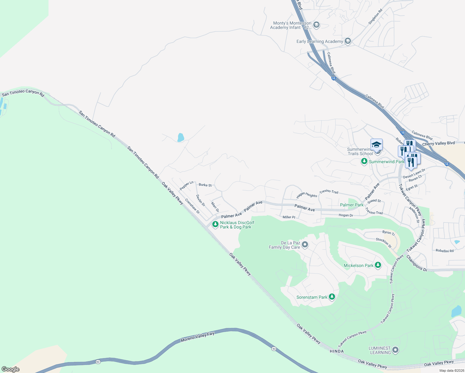 map of restaurants, bars, coffee shops, grocery stores, and more near 34465 Venturi Avenue in Beaumont