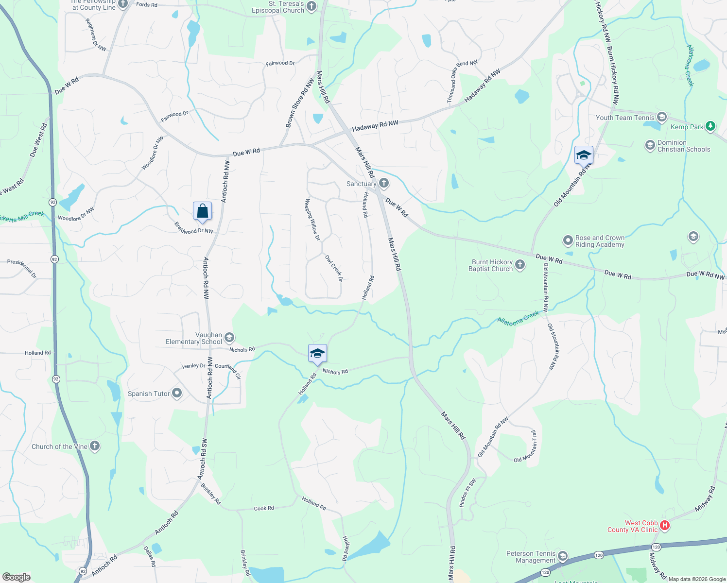map of restaurants, bars, coffee shops, grocery stores, and more near 644 Holland Rd in Powder Springs