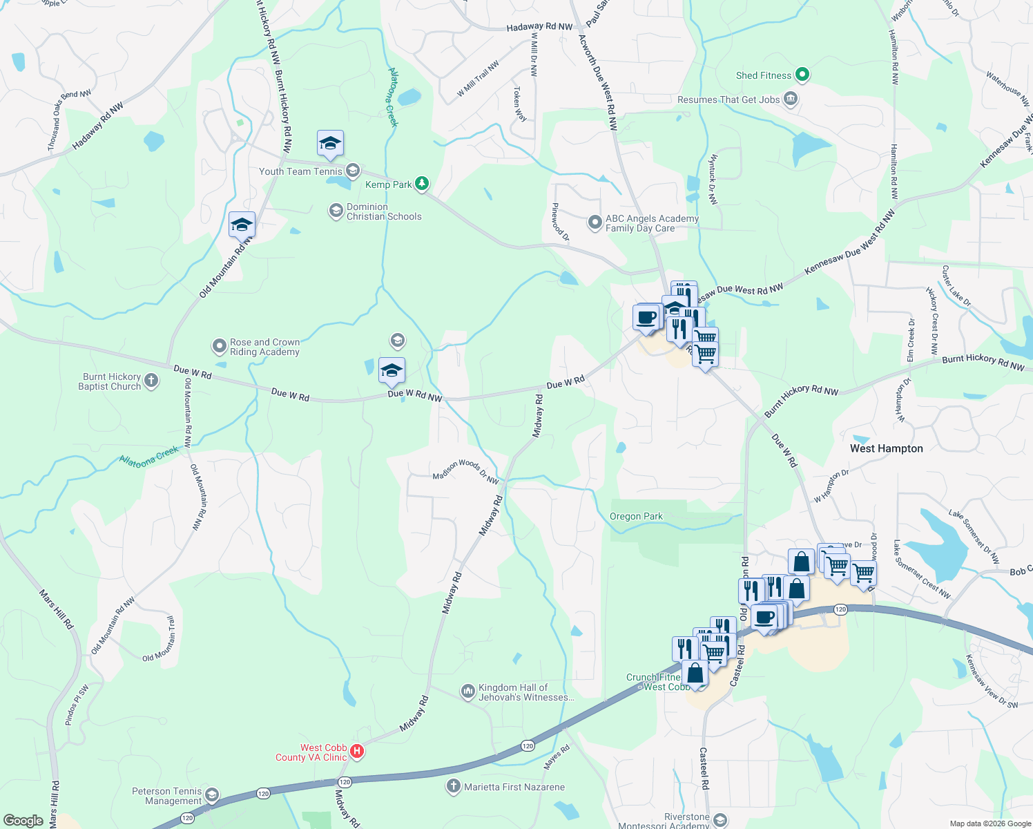 map of restaurants, bars, coffee shops, grocery stores, and more near 4225 Due West Road Northwest in Kennesaw