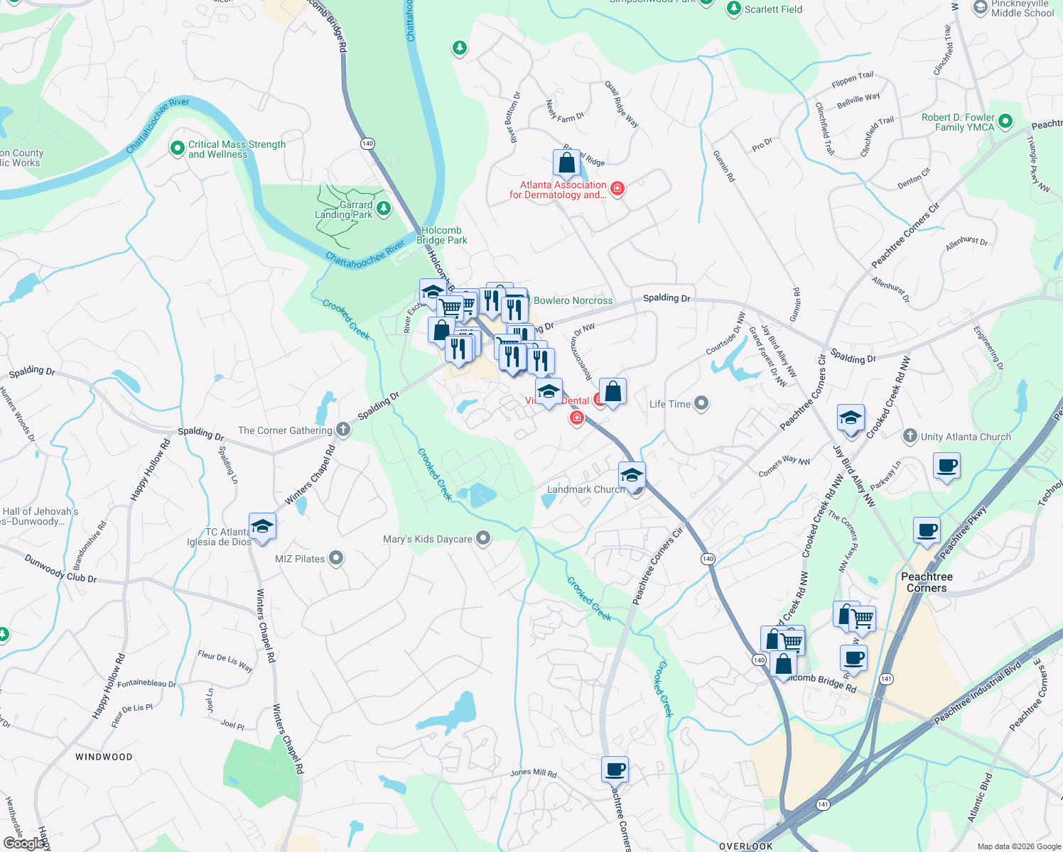 map of restaurants, bars, coffee shops, grocery stores, and more near 6203 Meadow Run Ct in Norcross