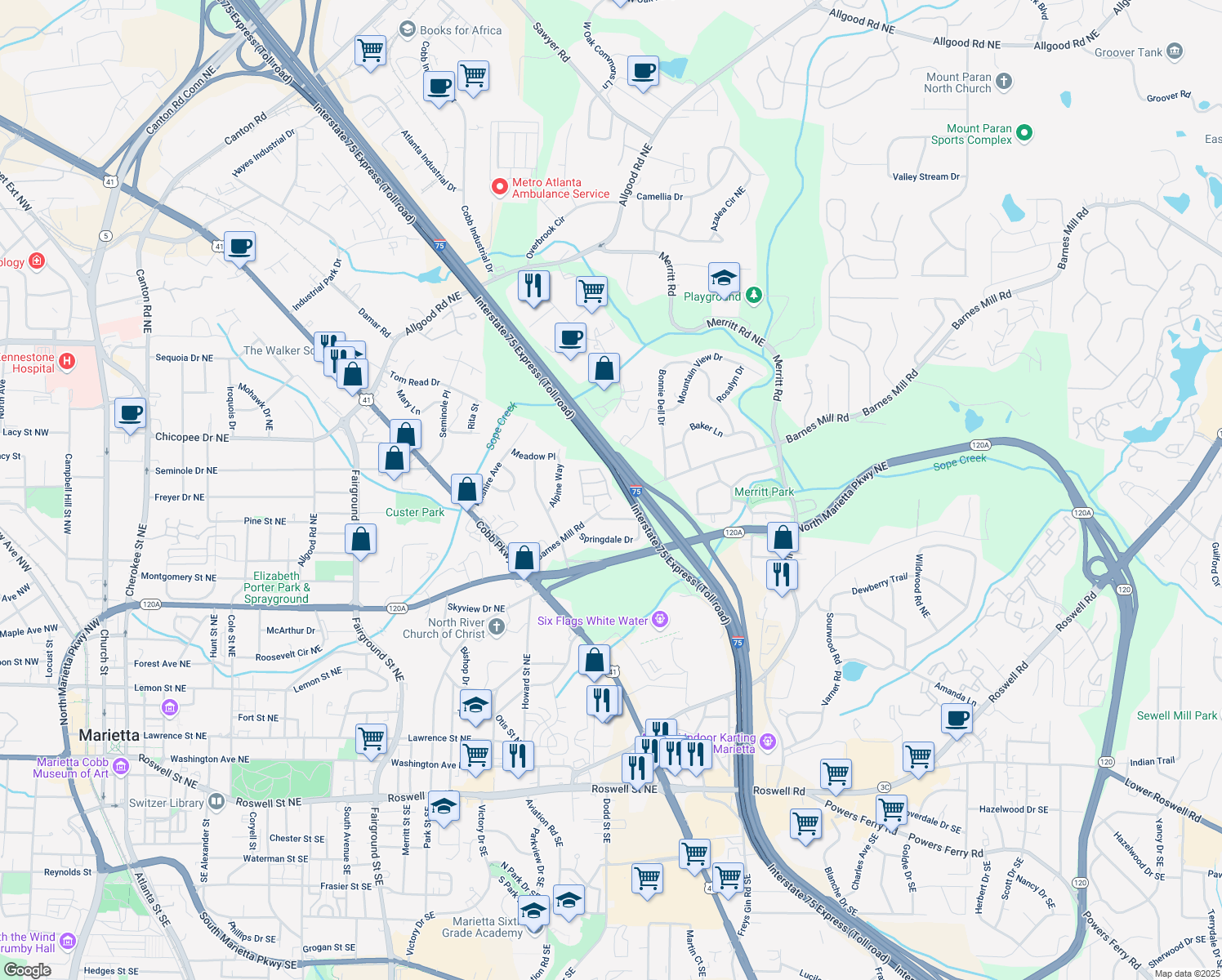 map of restaurants, bars, coffee shops, grocery stores, and more near 506 Glenivy in Marietta