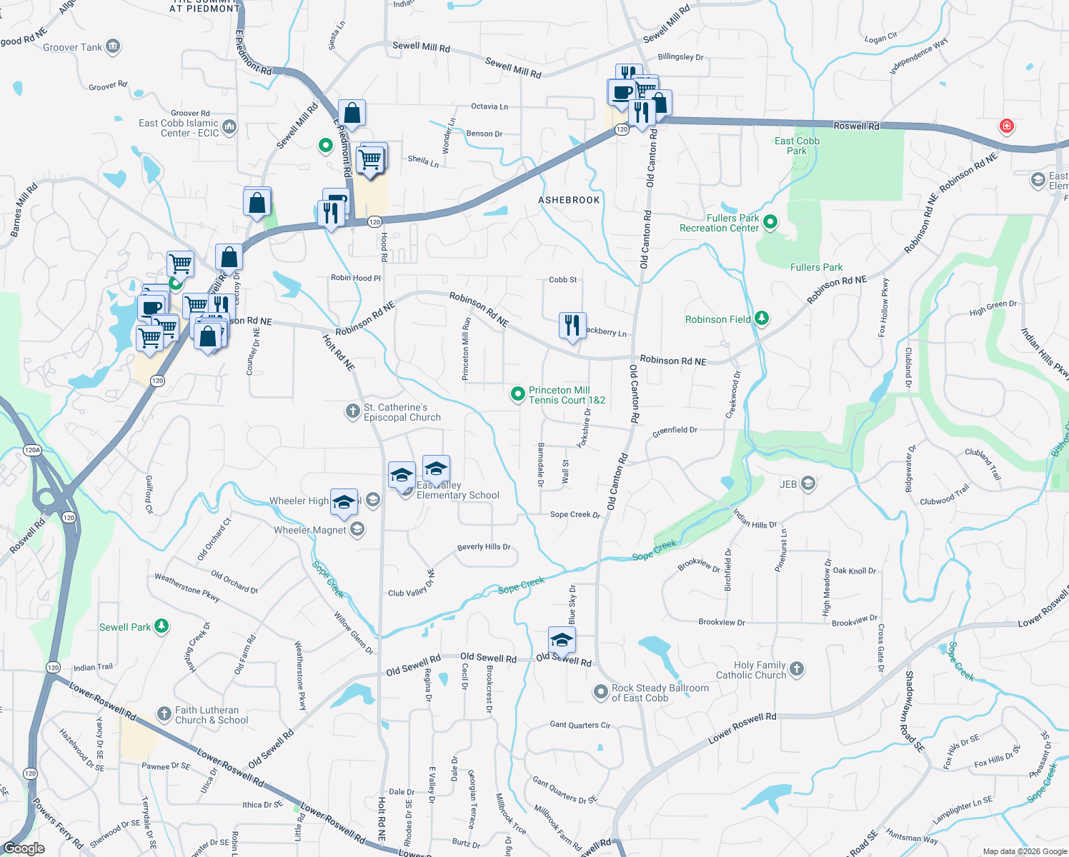 map of restaurants, bars, coffee shops, grocery stores, and more near 571 Barnsdale Dr in Marietta