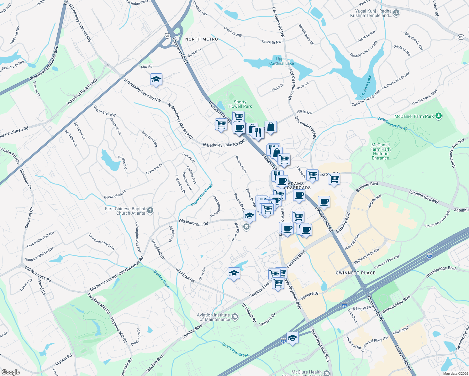 map of restaurants, bars, coffee shops, grocery stores, and more near 3797 Murdock Ln in Duluth