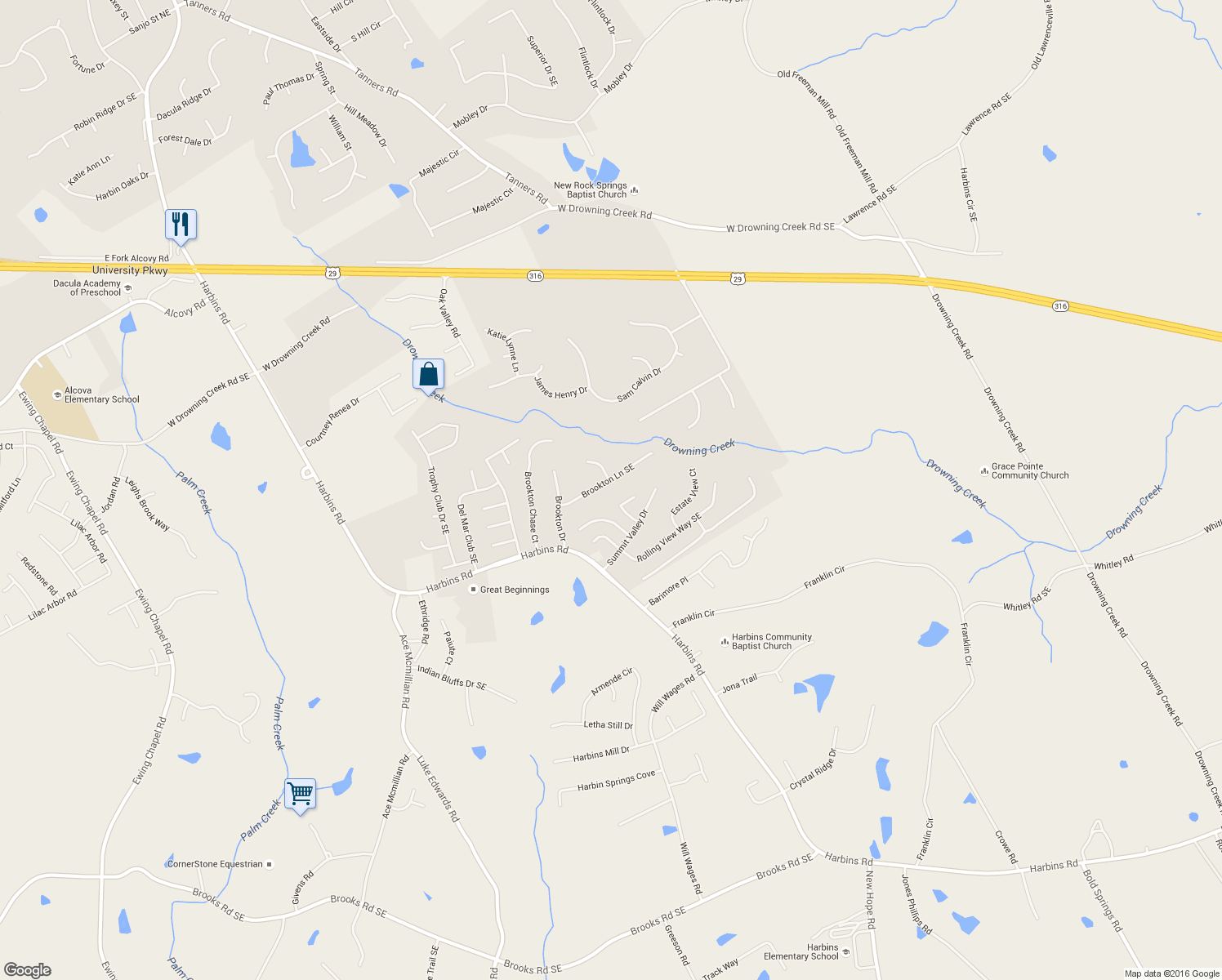 map of restaurants, bars, coffee shops, grocery stores, and more near 2785 Brookton Lane Southeast in Dacula