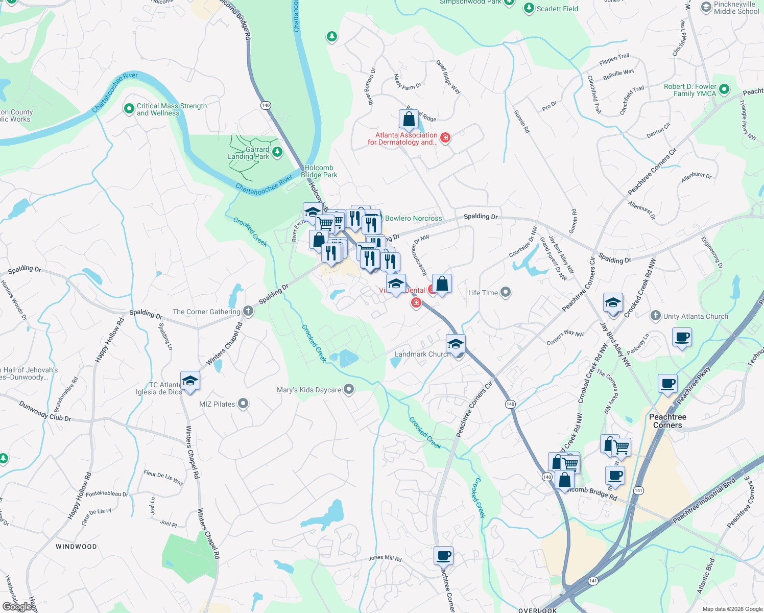 map of restaurants, bars, coffee shops, grocery stores, and more near 6201 Meadow Run Court in Norcross