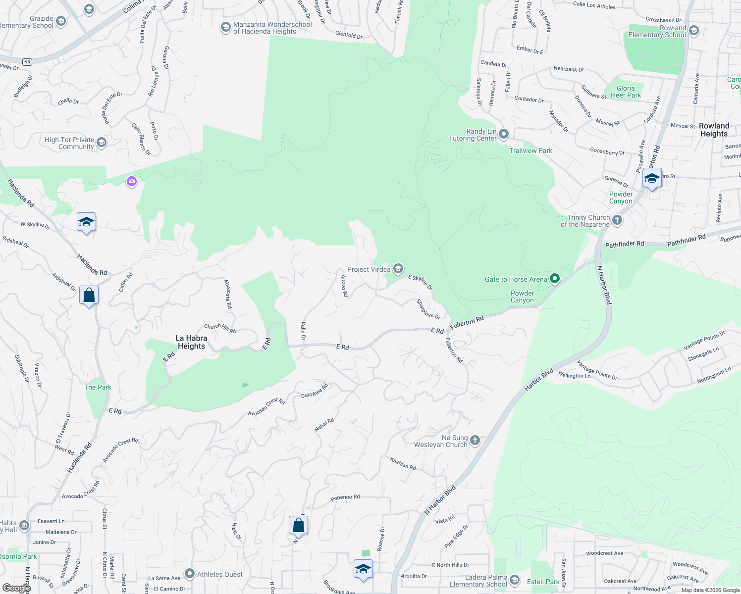 map of restaurants, bars, coffee shops, grocery stores, and more near 1782 East Skyline Drive in La Habra Heights