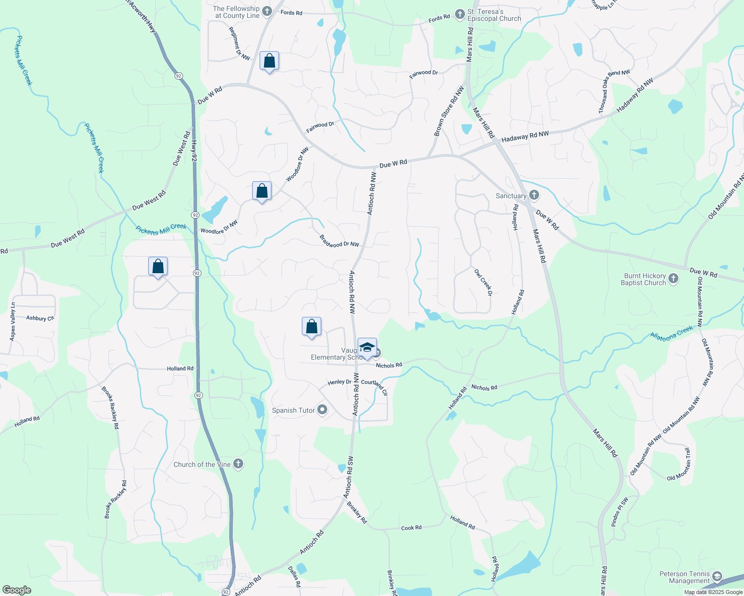 map of restaurants, bars, coffee shops, grocery stores, and more near 5513 Lavender Farms Road Northwest in Powder Springs