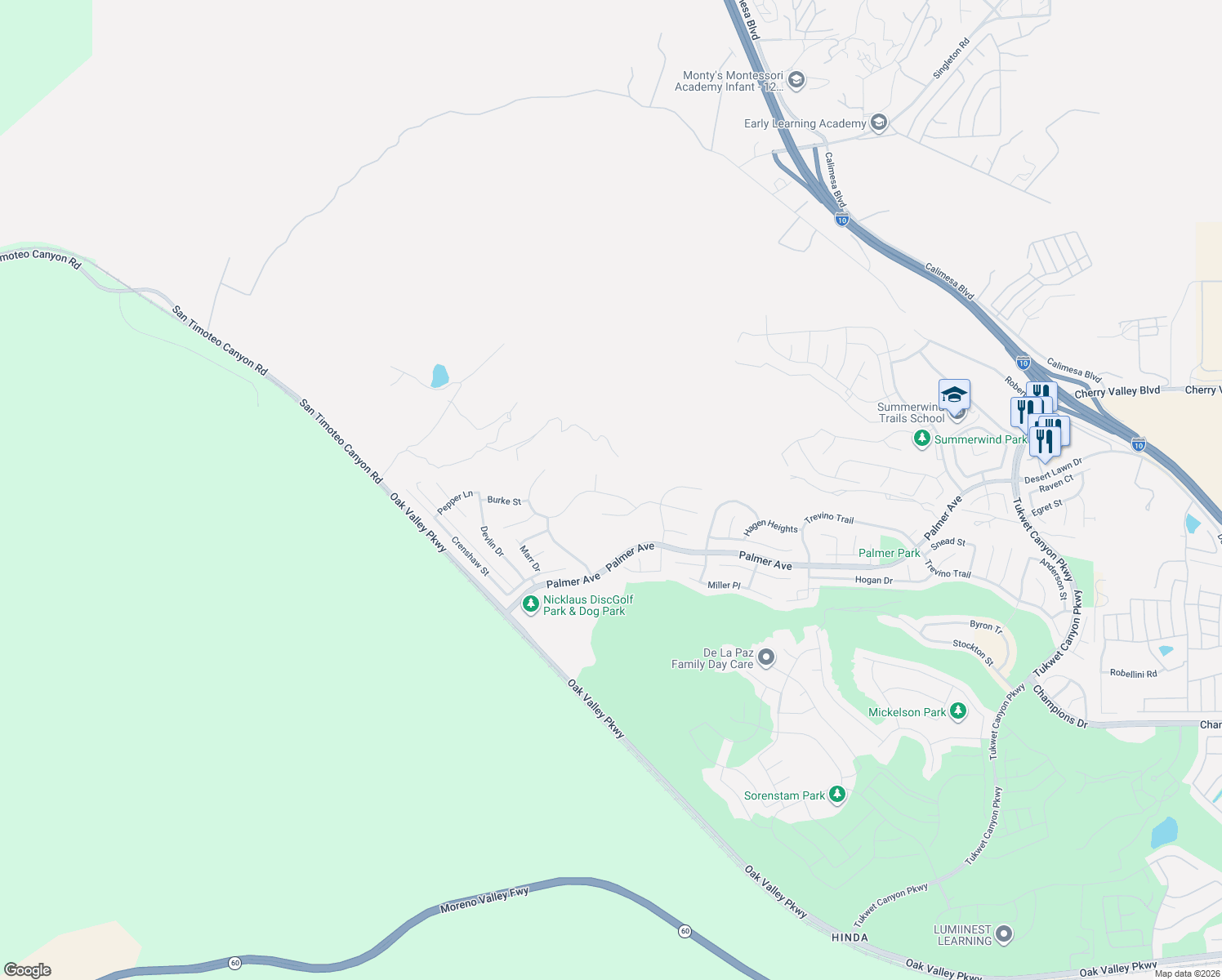 map of restaurants, bars, coffee shops, grocery stores, and more near 34596 Venturi Avenue in Beaumont