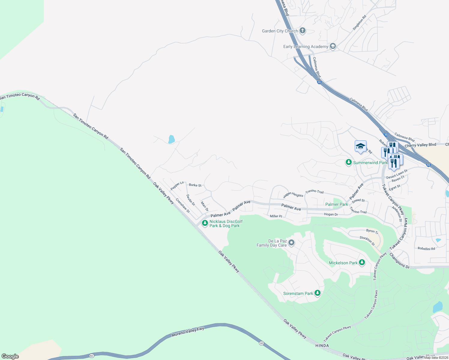 map of restaurants, bars, coffee shops, grocery stores, and more near 34518 Venturi Avenue in Beaumont