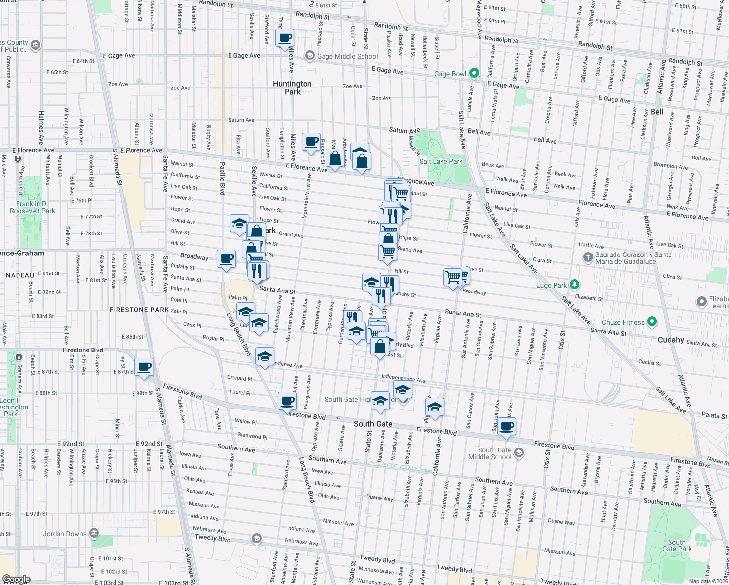 map of restaurants, bars, coffee shops, grocery stores, and more near 3146 Cudahy Street in Huntington Park