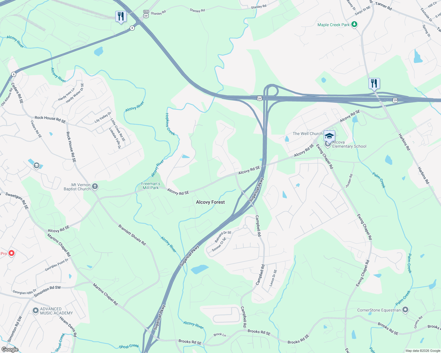map of restaurants, bars, coffee shops, grocery stores, and more near 1880 Alcovy Woods Lane in Lawrenceville