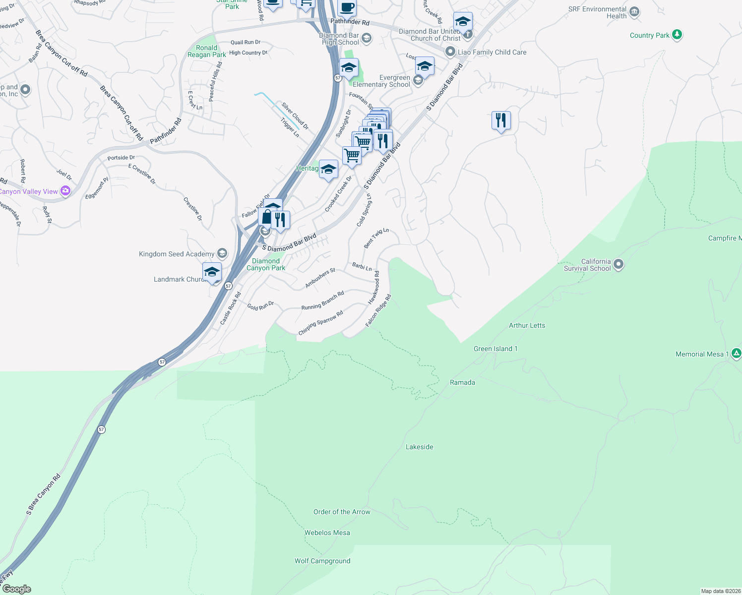 map of restaurants, bars, coffee shops, grocery stores, and more near 21598 Running Branch Road in Diamond Bar
