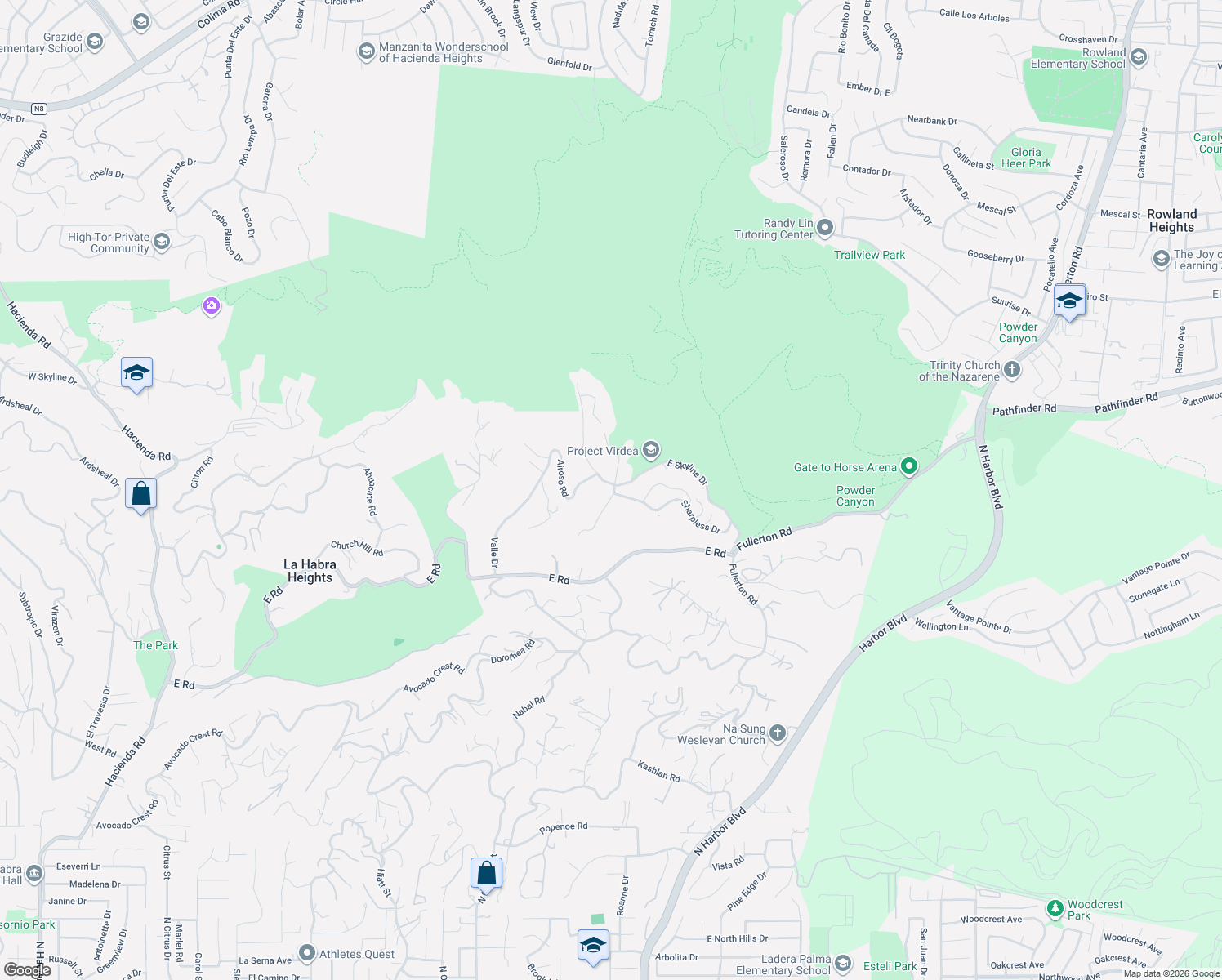 map of restaurants, bars, coffee shops, grocery stores, and more near 1782 East Skyline Drive in La Habra Heights