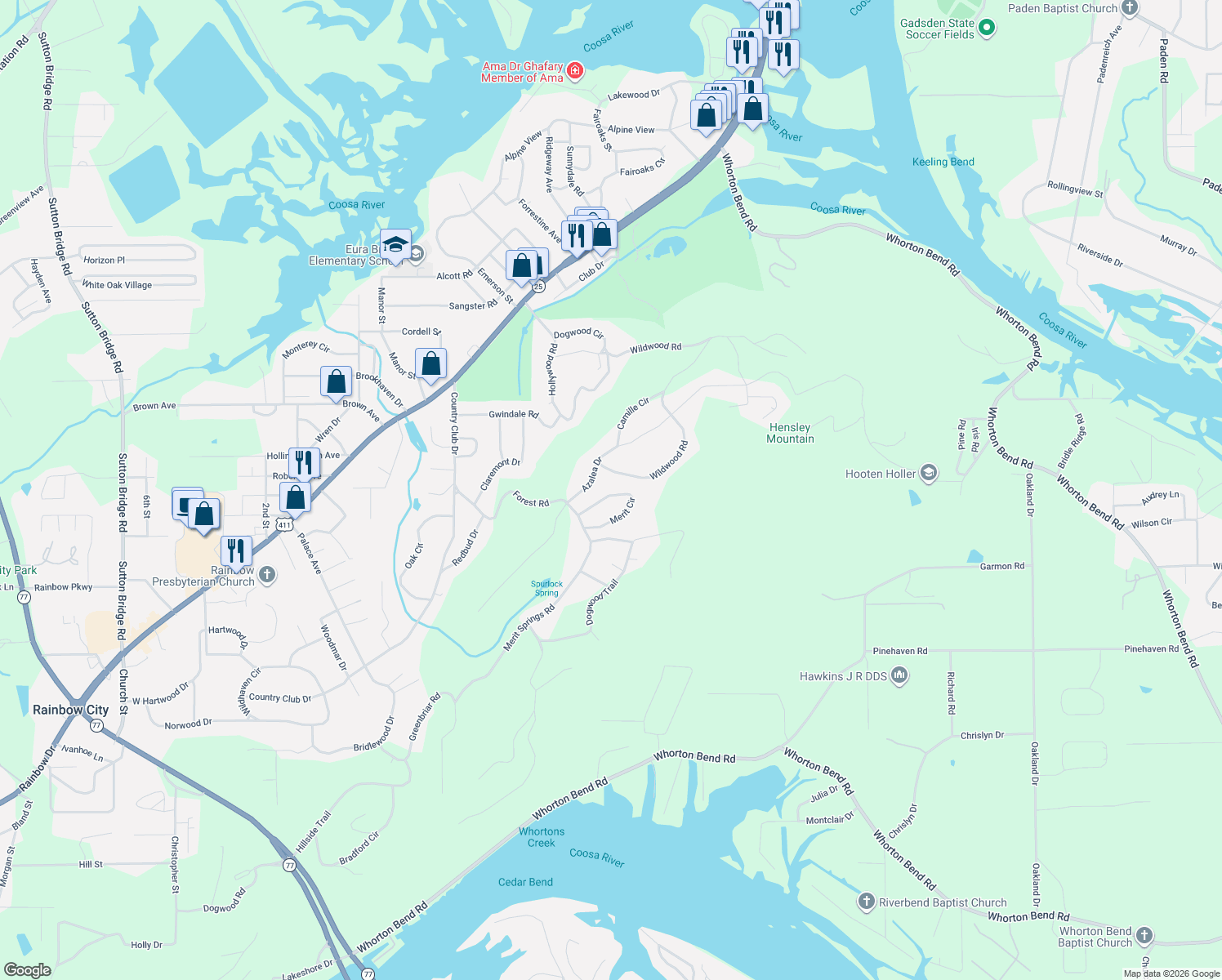 map of restaurants, bars, coffee shops, grocery stores, and more near 116 Merit Circle in Gadsden