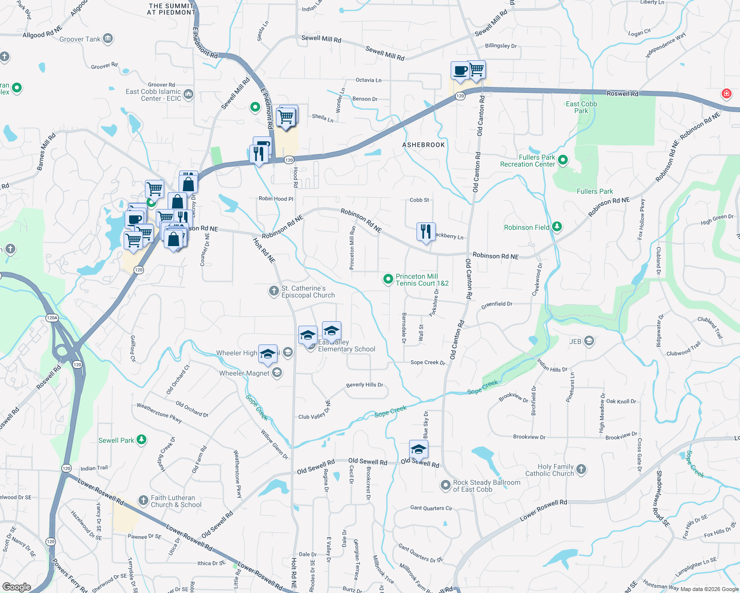 map of restaurants, bars, coffee shops, grocery stores, and more near 2794 Lawrence Mill Run in Marietta