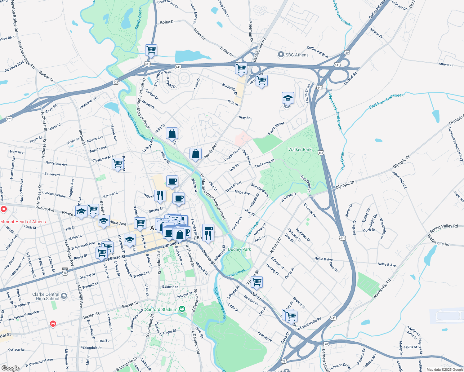 map of restaurants, bars, coffee shops, grocery stores, and more near 220 John Street in Athens