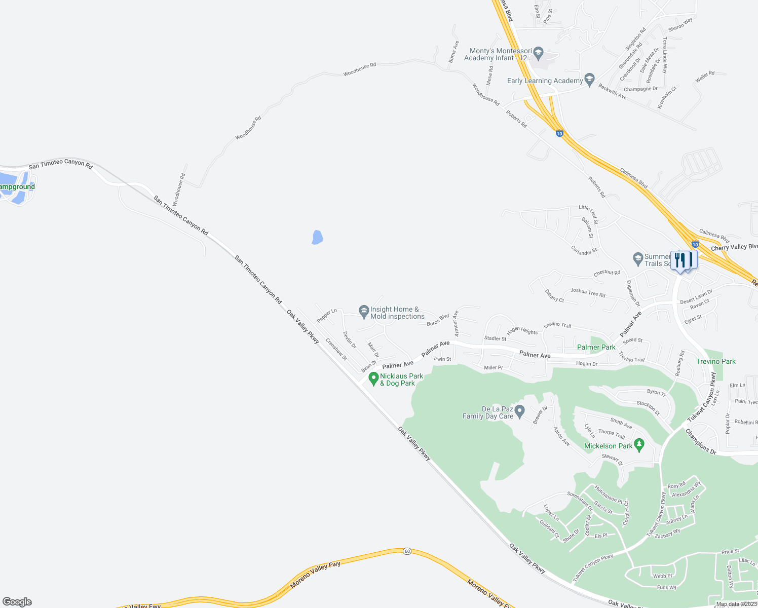 map of restaurants, bars, coffee shops, grocery stores, and more near 34300 Venturi Avenue in Beaumont