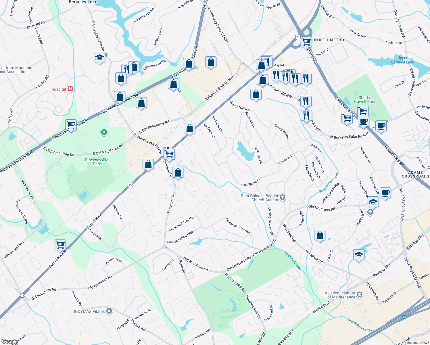 map of restaurants, bars, coffee shops, grocery stores, and more near 2755 Woodbine Hill Way in Norcross