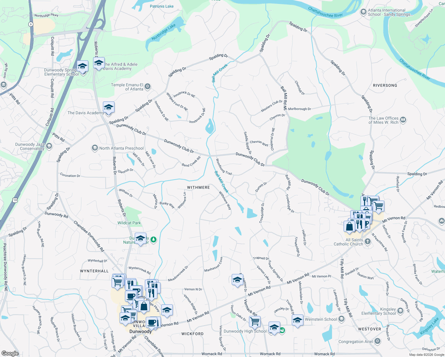 map of restaurants, bars, coffee shops, grocery stores, and more near 1596 The Woodsong in Dunwoody
