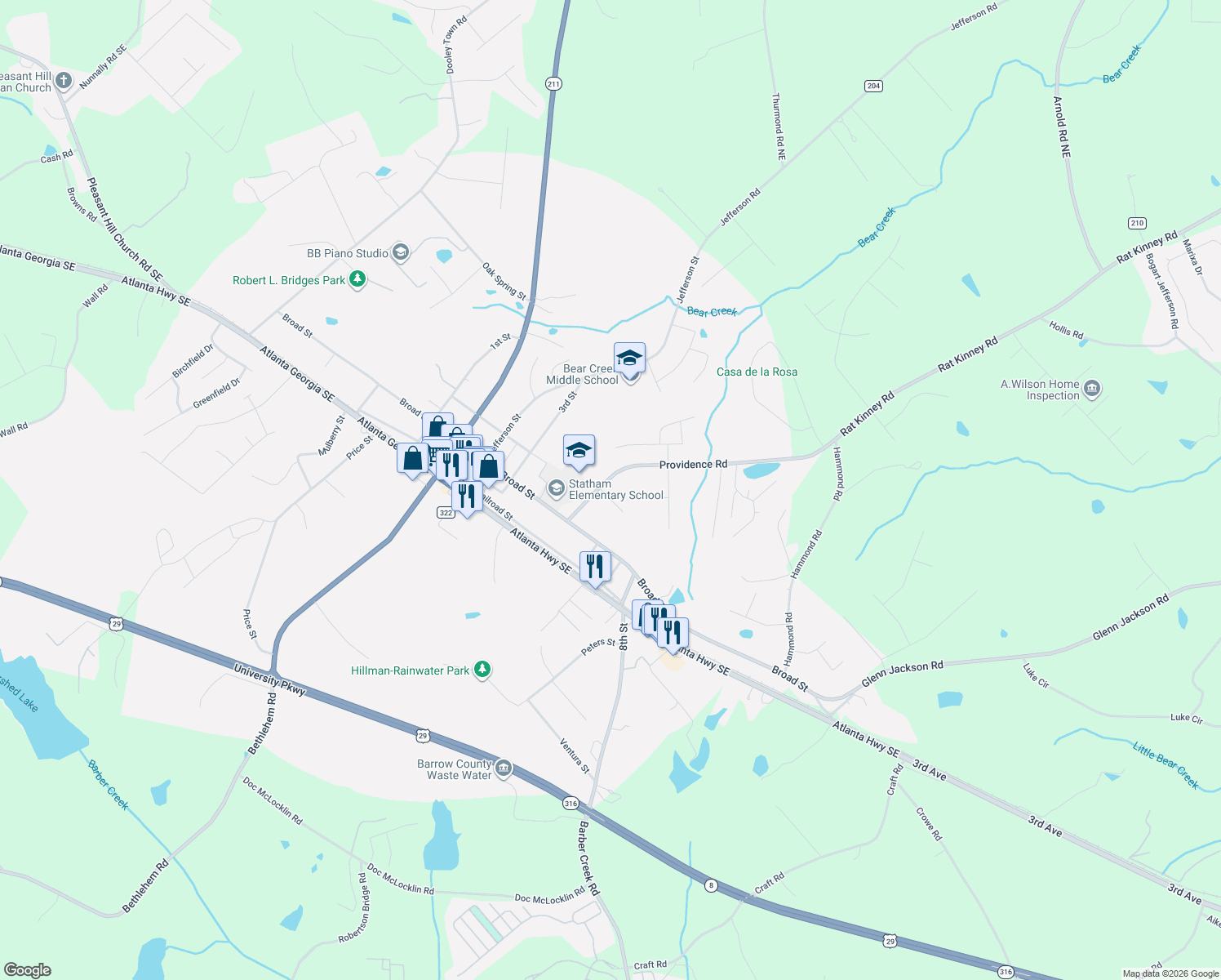map of restaurants, bars, coffee shops, grocery stores, and more near 1908 Noah Lane in Statham