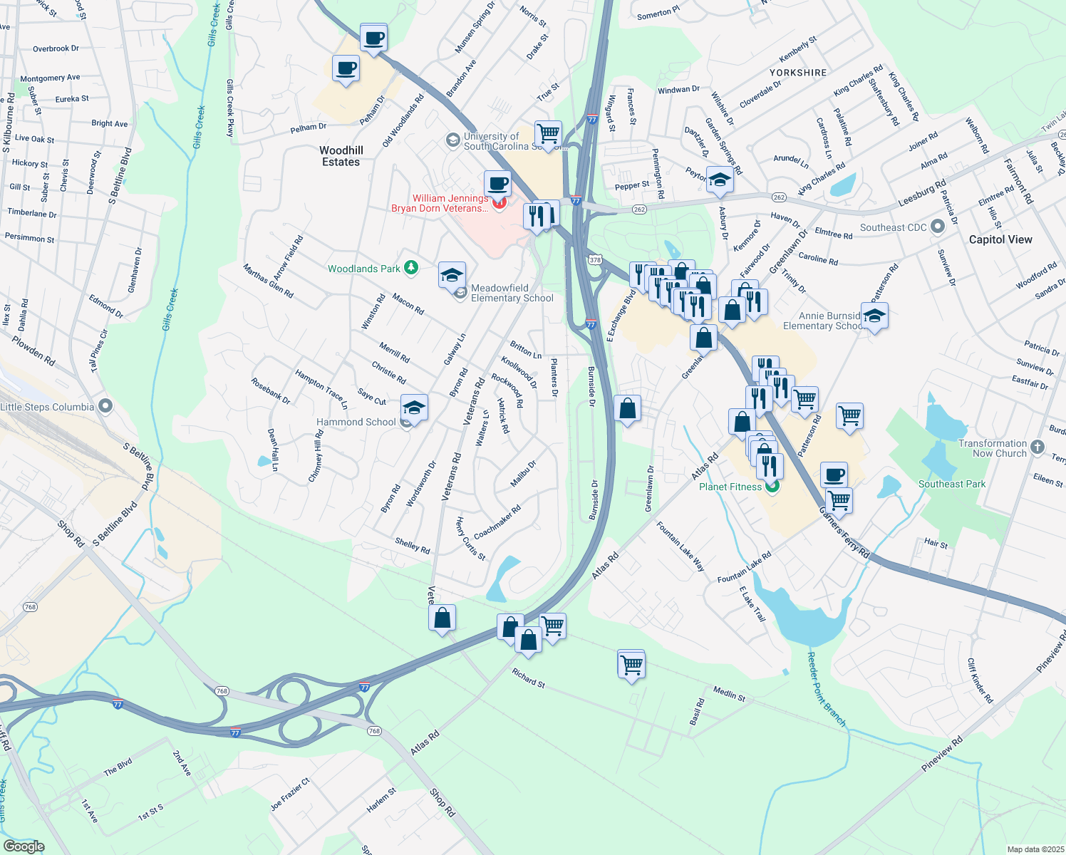 map of restaurants, bars, coffee shops, grocery stores, and more near 714 Rockwood Road in Columbia