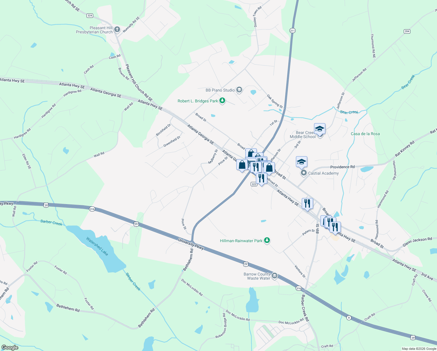 map of restaurants, bars, coffee shops, grocery stores, and more near 1860 Forest Ct in Statham