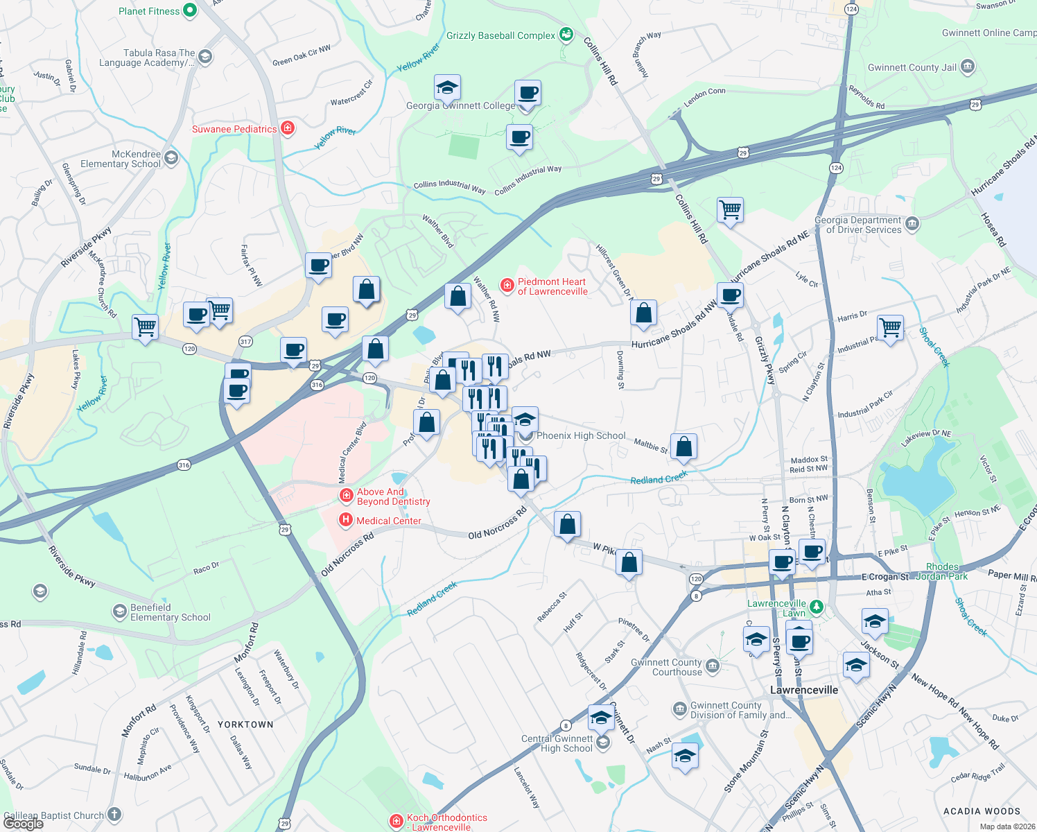 map of restaurants, bars, coffee shops, grocery stores, and more near 185 McConnell Dr in Lawrenceville
