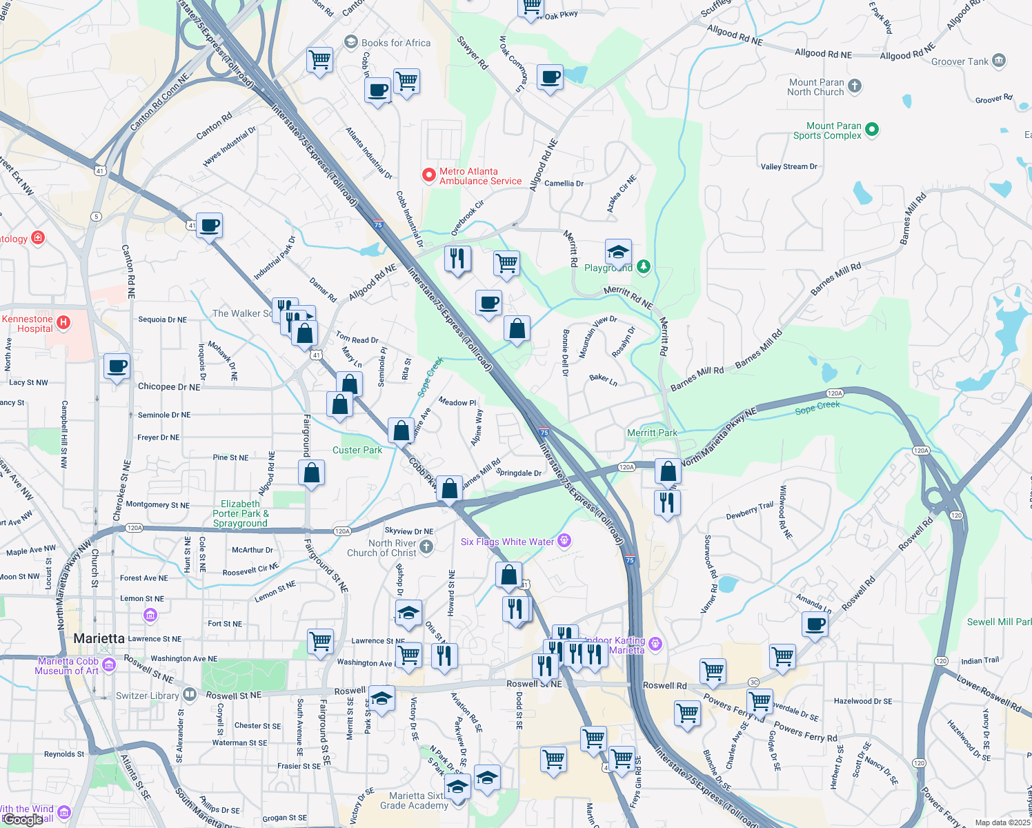 map of restaurants, bars, coffee shops, grocery stores, and more near 1902 Glenivy in Marietta