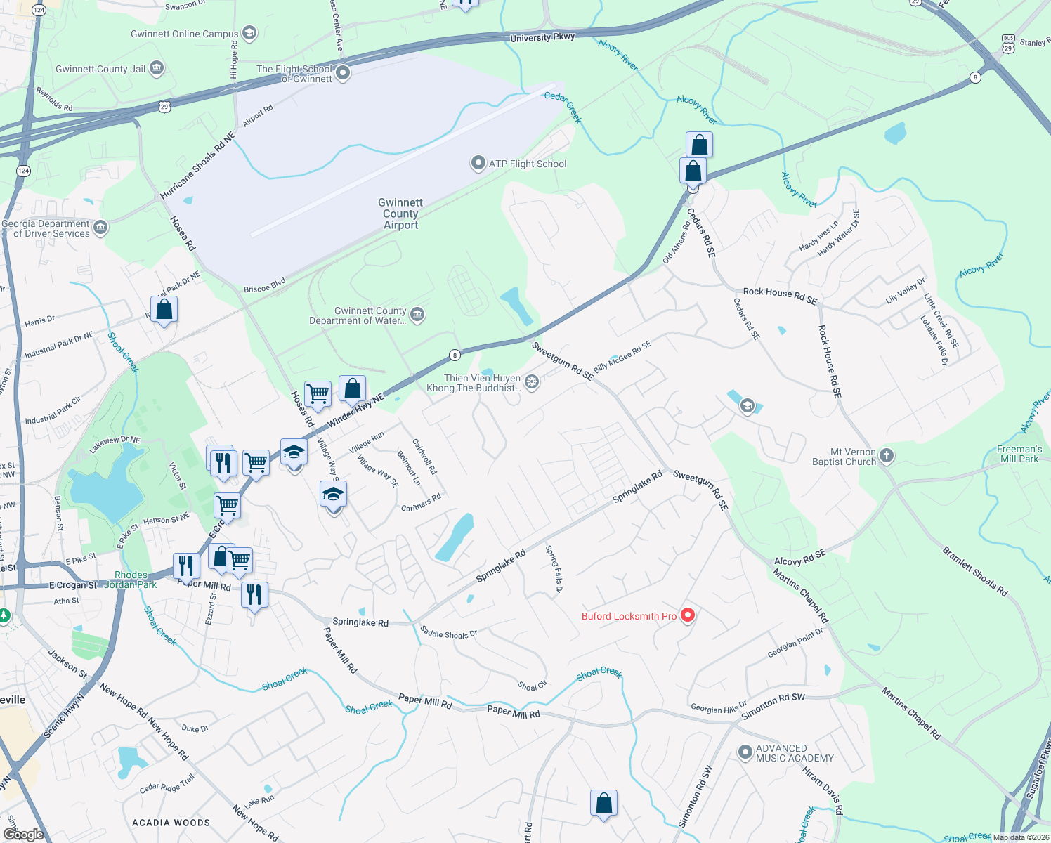 map of restaurants, bars, coffee shops, grocery stores, and more near 619 Lynnfield Drive Southeast in Lawrenceville