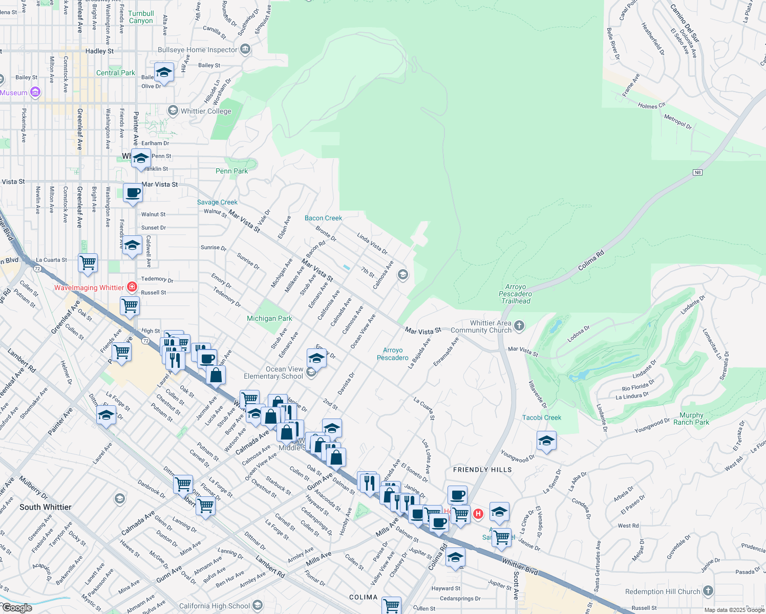 map of restaurants, bars, coffee shops, grocery stores, and more near 8150 Ocean View Avenue in Whittier