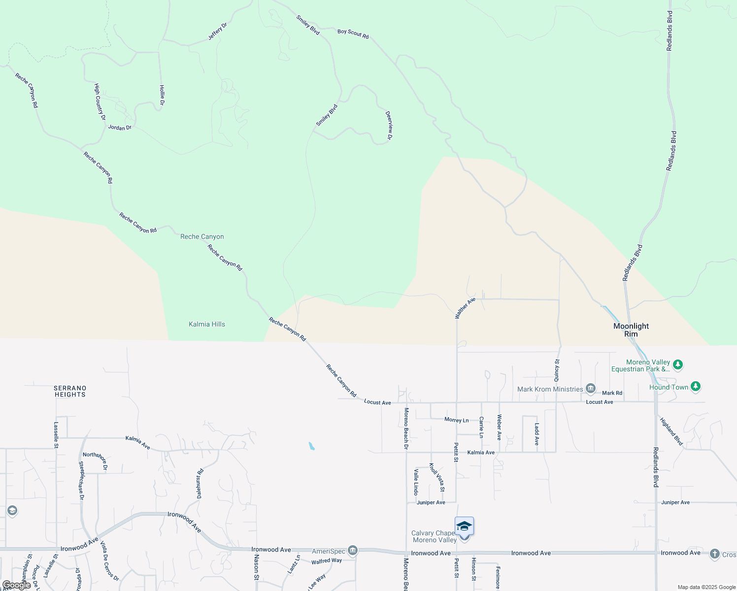map of restaurants, bars, coffee shops, grocery stores, and more near Vista Suelto Road in Moreno Valley